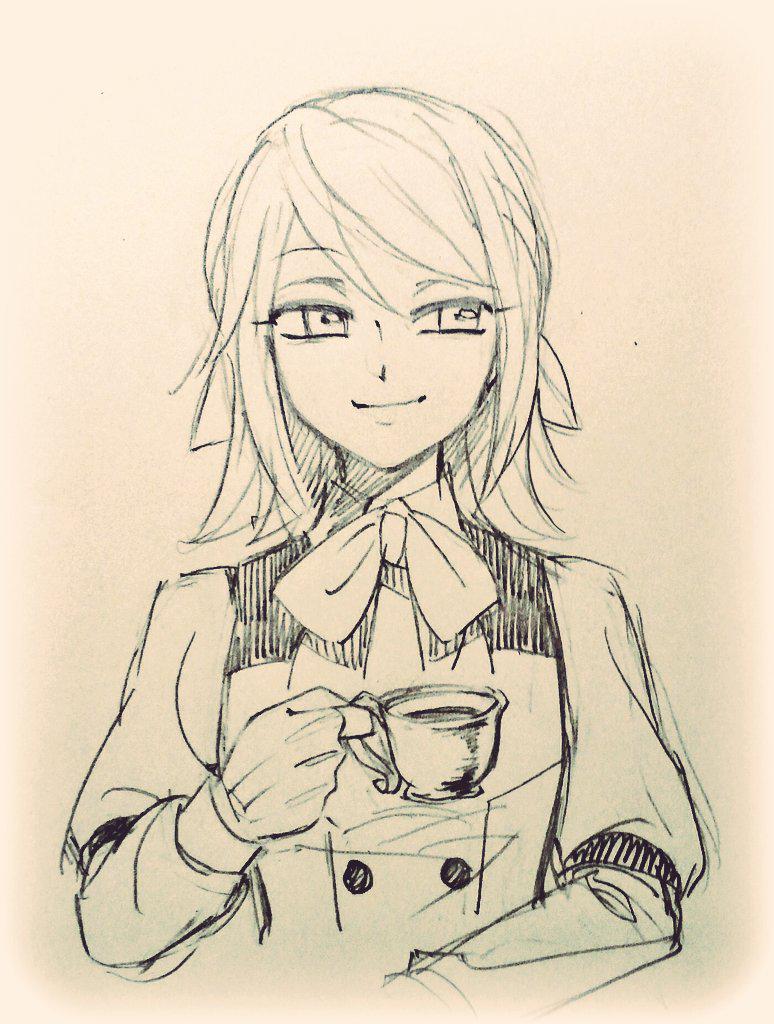 1girl, chaban_capriccio_(vocaloid), cup, gloves, graphite_(medium), hair_ribbon, kagamine_rin, monochrome