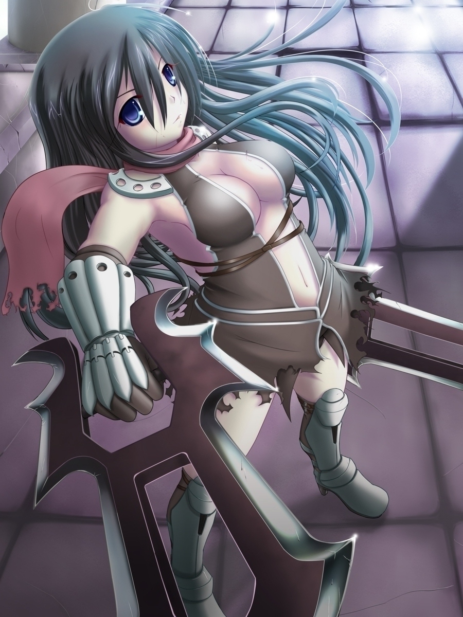 blue_eyes, breasts, gloves, highres, jamadhar, katar, long_hair, otama_jaguchi