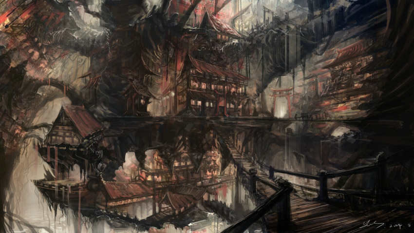 architecture, artist_name, bridge, city, dated, east_asian_architecture, ice_(805482263), no_humans