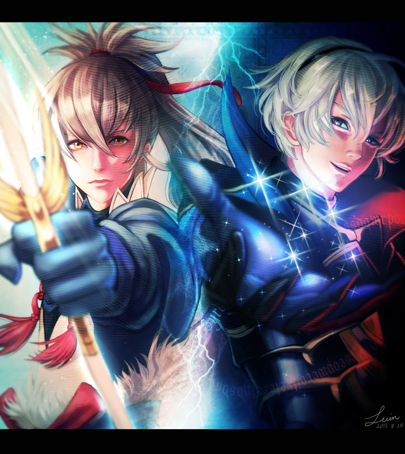1boy, 2boys, blonde_hair, bow_(weapon), electricity, fire_emblem, fire_emblem_if, gloves, grey_hair, leon_(fire_emblem_if), long_hair, luinmir, multiple_boys, open_mouth, orange_eyes, sparkle, takumi_(fire_emblem_if), weapon