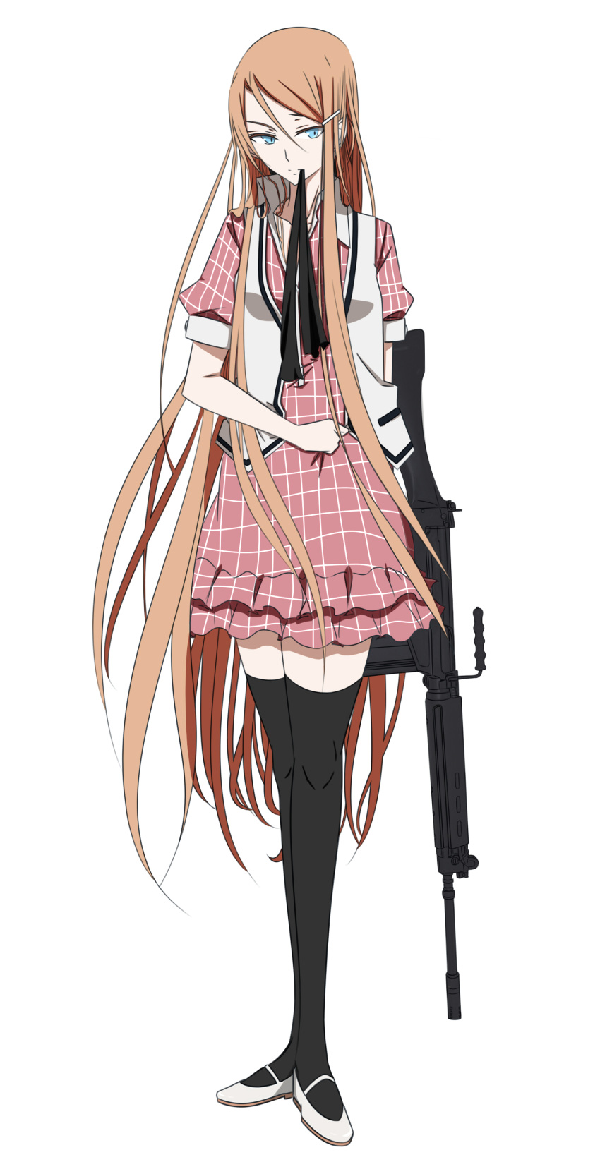 1girl, absurdres, akuma_no_riddle, battle_rifle, black_legwear, black_ribbon, blue_eyes, brown_hair