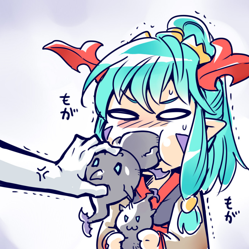 1girl, :3, aqua_hair, chibi, devilit, dragon_girl, facial_mark, feeding