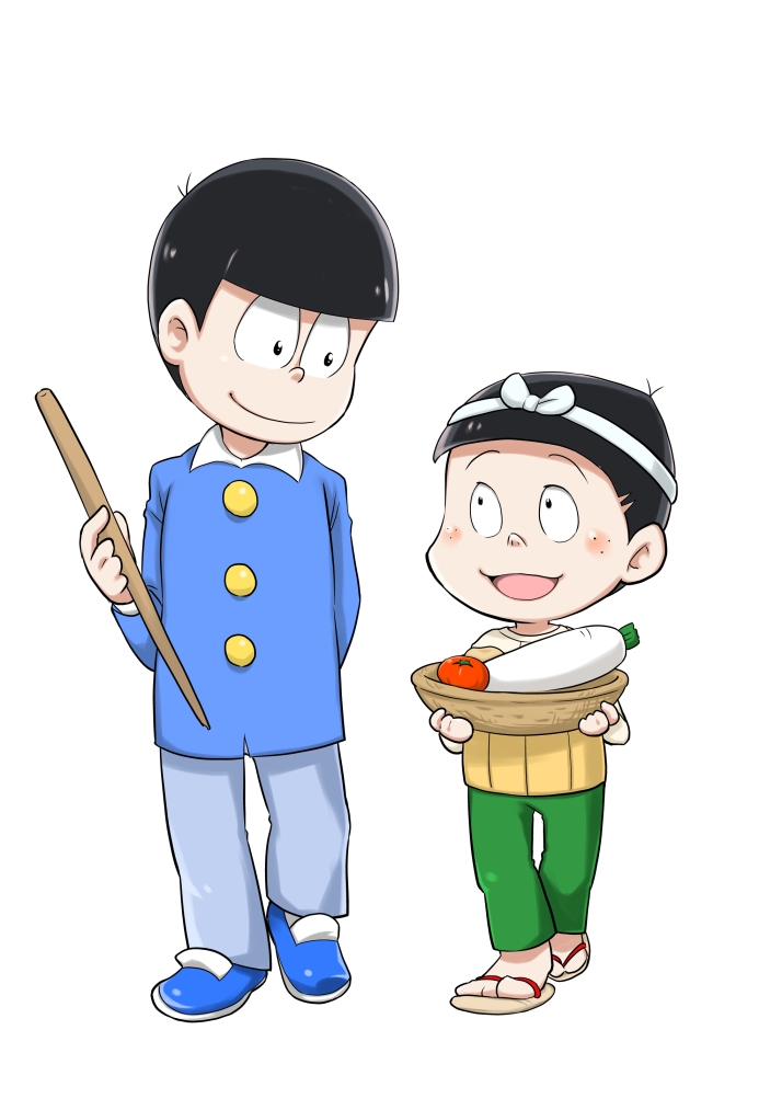 2boys, arm_behind_back, atarou_(mouretsu_atarou), basket, black_hair, child, daikon, freckles