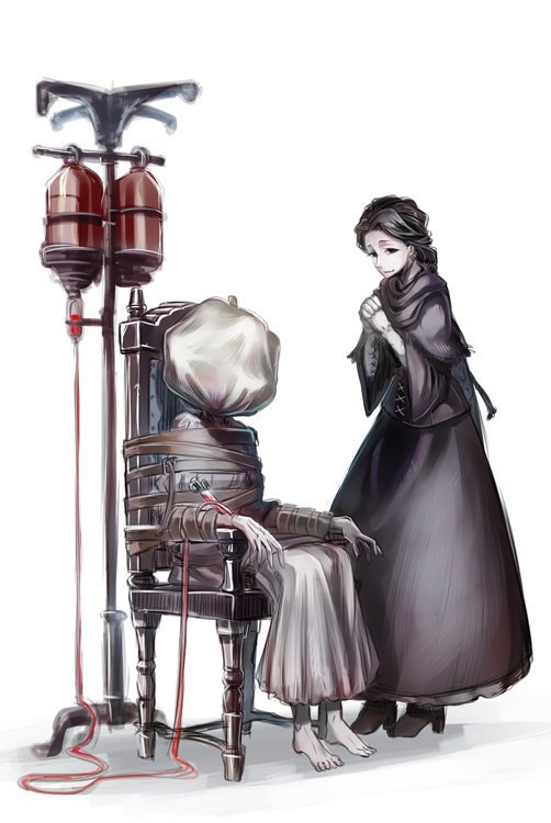 2girls, adella_the_nun, barefoot, black_hair, bloodborne, boots, bound, capelet