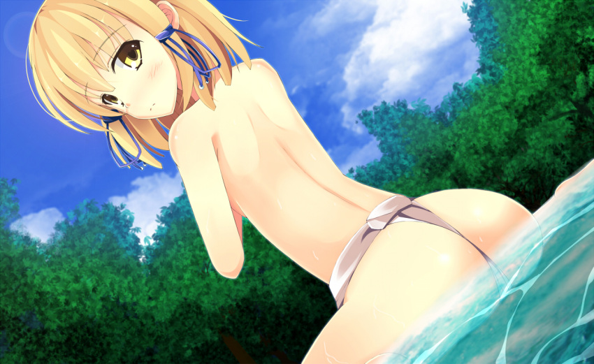 1girl, ass, back, blonde_hair, blush, from_behind, fundoshi, hair_ribbon