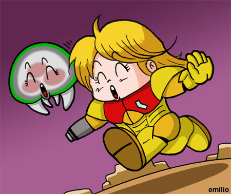 arm_cannon, armor, blonde_hair, bodysuit, boots, closed_eyes, creature, crossover
