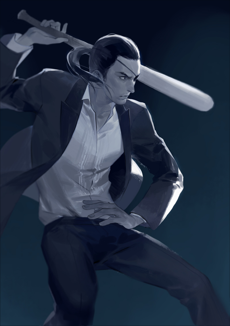 1boy, arm_up, baseball_bat, belt, black_hair, collarbone, eyepatch, formal