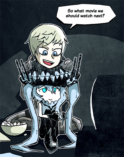2girls, :d, aqua_eyes, black_gloves, crossover, english, gloves, grey_eyes