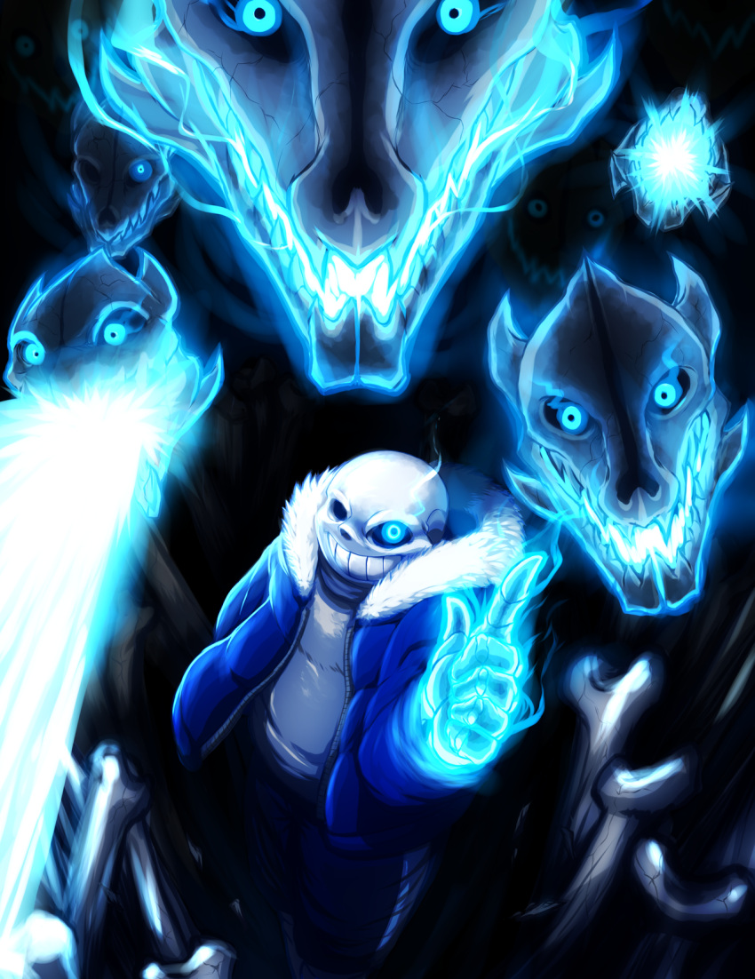 1boy, blue_fire, blue_jacket, bone, burning_hand, fire, fur_jacket, gasterblaster