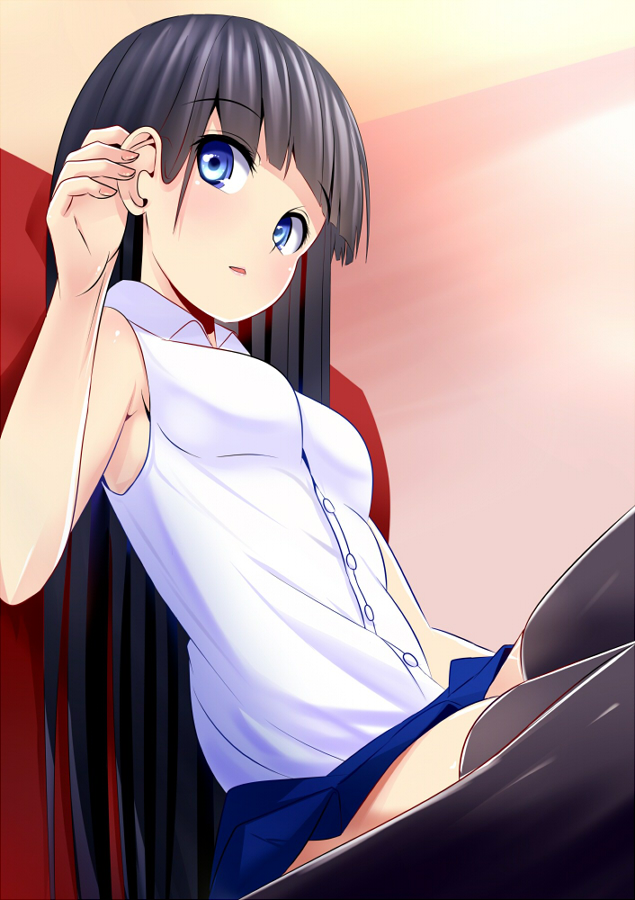 1girl, black_hair, black_legwear, blue_eyes, blue_skirt, bra-cky, long_hair, looking_at_viewer
