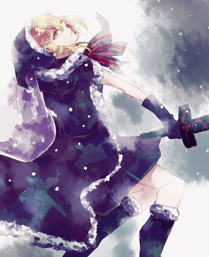 1girl, blonde_hair, boots, cape, fate/grand_order, fate/stay_night, fate_(series), from_side, gloves, hat, highres, mitsuhiromu, saber, saber_alter, santa_hat, sidelocks, snow, solo, sword, weapon, winter_clothes, yellow_eyes