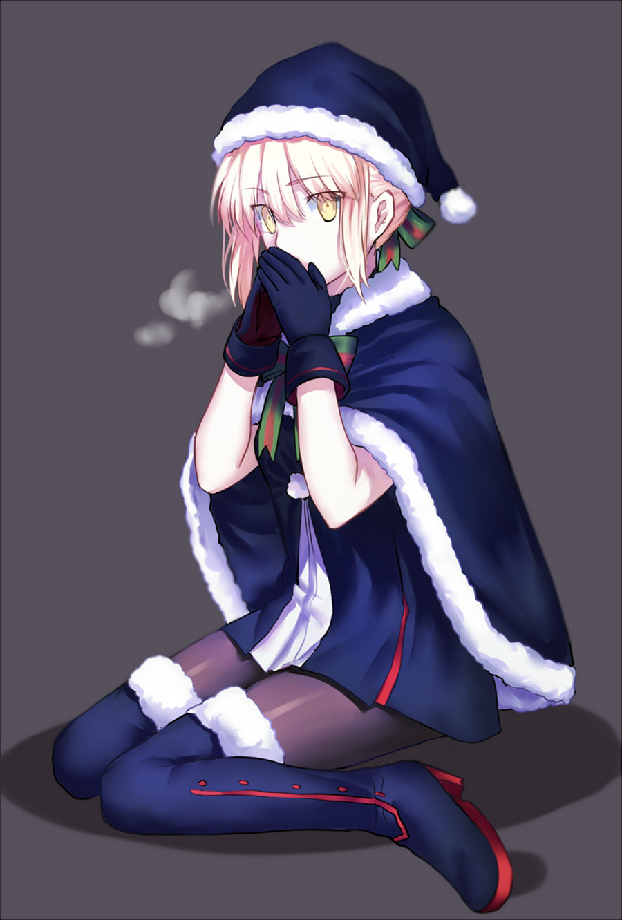 1girl, alternate_costume, black_gloves, black_legwear, blonde_hair, blue_santa_costume, boots, bow