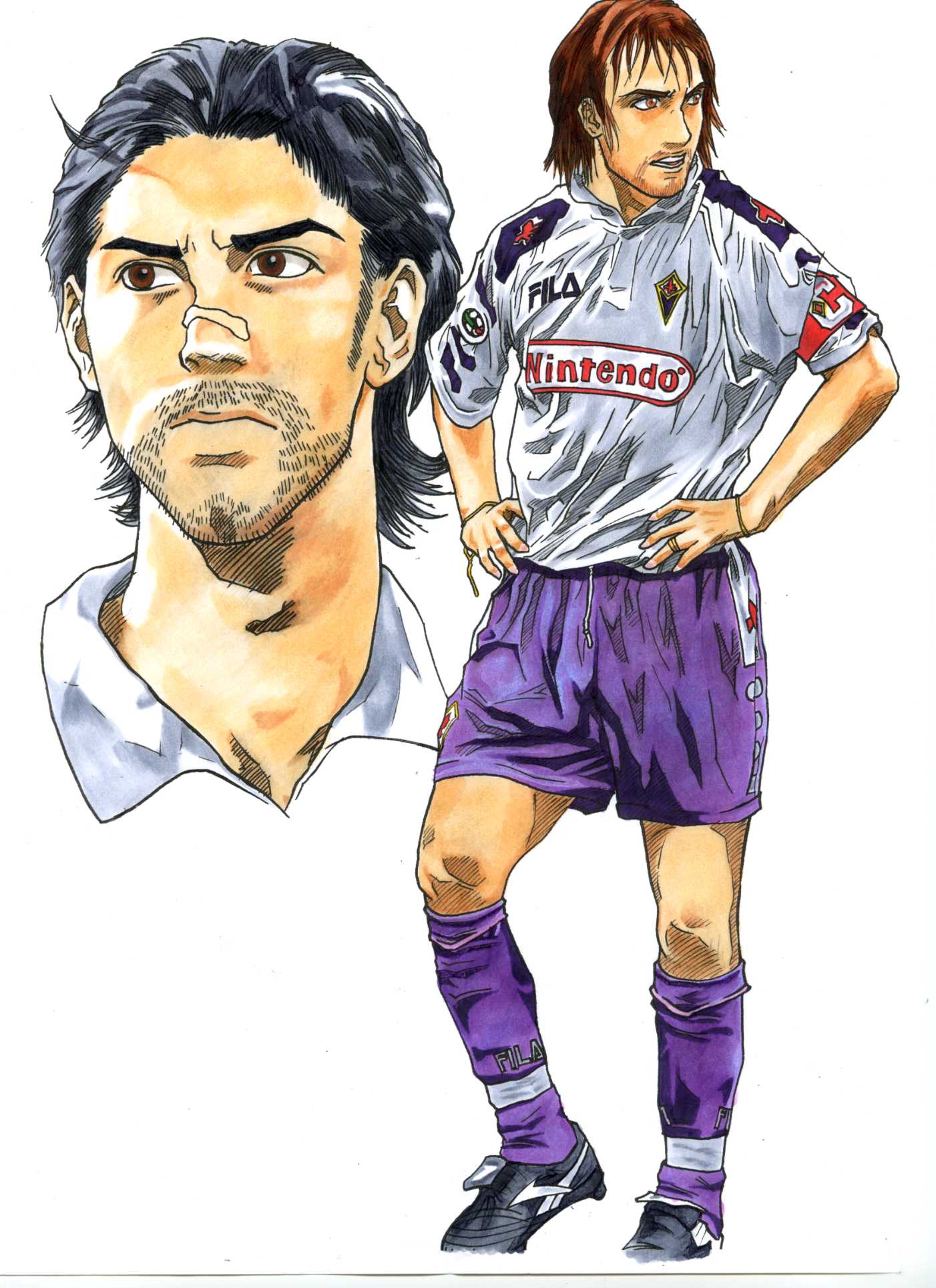 2boys, acf_fiorentina, bandaid, beard, black_hair, bracelet, brown_eyes, brown_hair, emblem, face, facial_hair, gabriel_batistuta, hands_on_hips, highres, italy, jewelry, kneehighs, multiple_boys, mutsuki_hiro, nintendo, open_mouth, real_life, ring, rui_costa, short_hair, shorts, simple_background, soccer, soccer_jersey, soccer_uniform, sportswear, standing, white_background