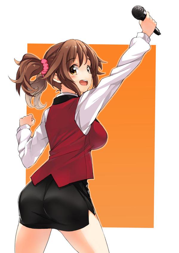 1girl, arm_up, blush, breasts, brown_eyes, brown_hair, from_behind, idolmaster