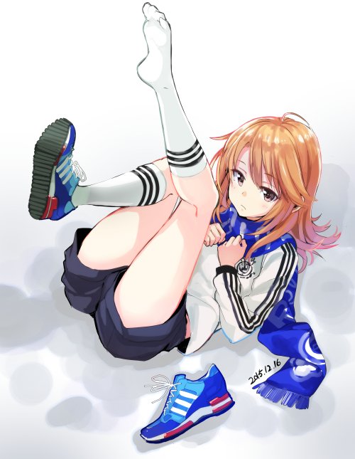 1girl, blush, brown_eyes, brown_hair, idolmaster, idolmaster_cinderella_girls, kneehighs, legs_up