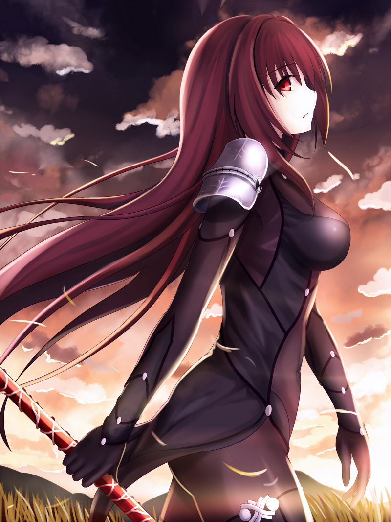 1girl, bodysuit, breasts, fate/grand_order, fate_(series), from_side, large_breasts, long_hair, polearm, purple_hair, red_eyes, scathach_(fate/grand_order), solo, weapon, xyomouse