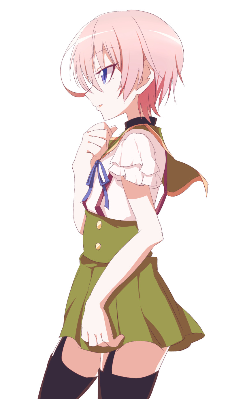 1girl, absurdres, black_legwear, blue_eyes, blue_ribbon, from_side, gakkou_gurashi!, garter_straps