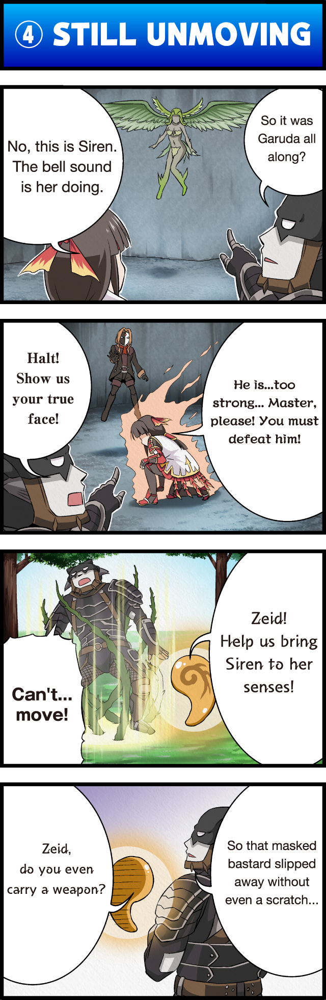 4koma, armor, character_request, comic, english, fairy, final_fantasy, final_fantasy_xi, fingerless_gloves, flying, gloves, glowing, grass, head_wings, highres, iroha_(ff11), japanese_armor, mask, navel, on_fire, orb, outdoors, plant, pointing, restrained, siren_(final_fantasy), tomokichi, tree, volto_oscuro, wings, zeid