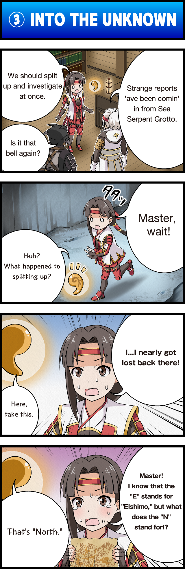 4koma, armor, book, bookshelf, brown_eyes, brown_hair, cave, character_request, comic, desk_lamp, empty_eyes, english, final_fantasy, final_fantasy_xi, gilgamesh_(final_fantasy), glowing, hair_tubes, headband, highres, iroha_(ff11), japanese_armor, map, o_o, orb, ponytail, speech_bubble, sweatdrop, table, tears, tomokichi, walking, wooden_floor, zeid