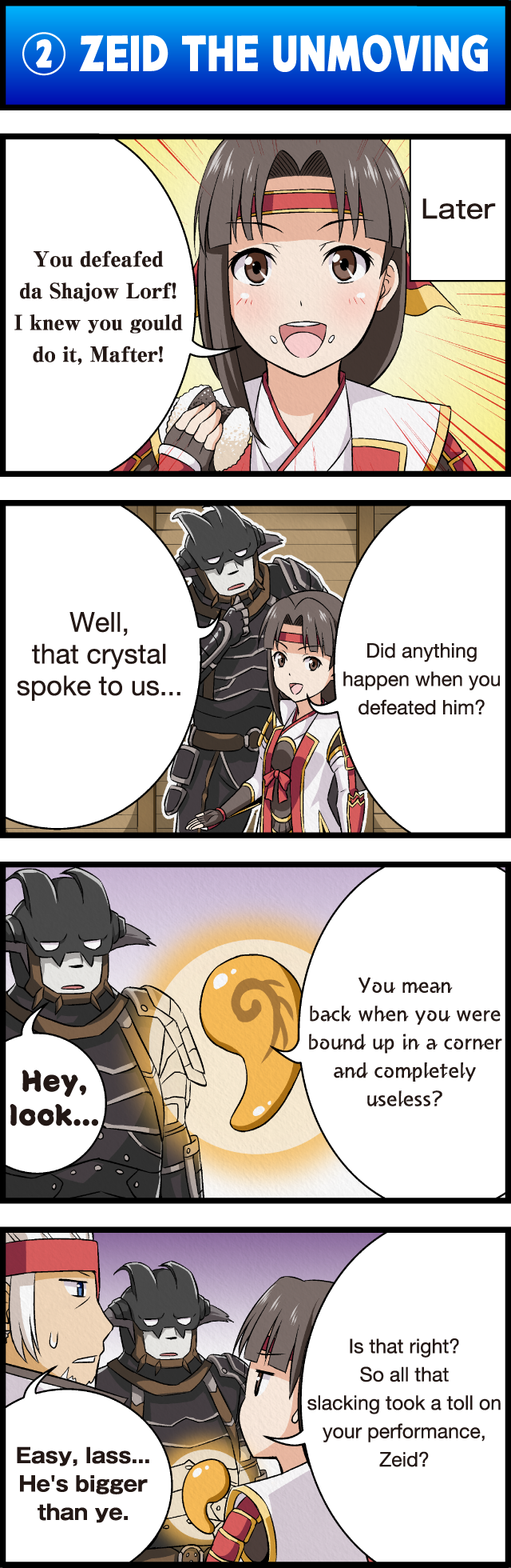 4koma, :d, armor, bangs, blue_eyes, blush, brown_eyes, brown_gloves