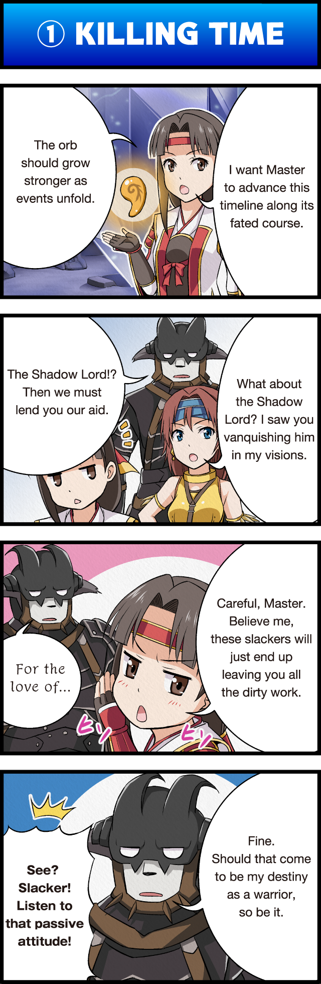 4koma, :o, armlet, armor, bangs, bare_shoulders, blue_eyes, blush
