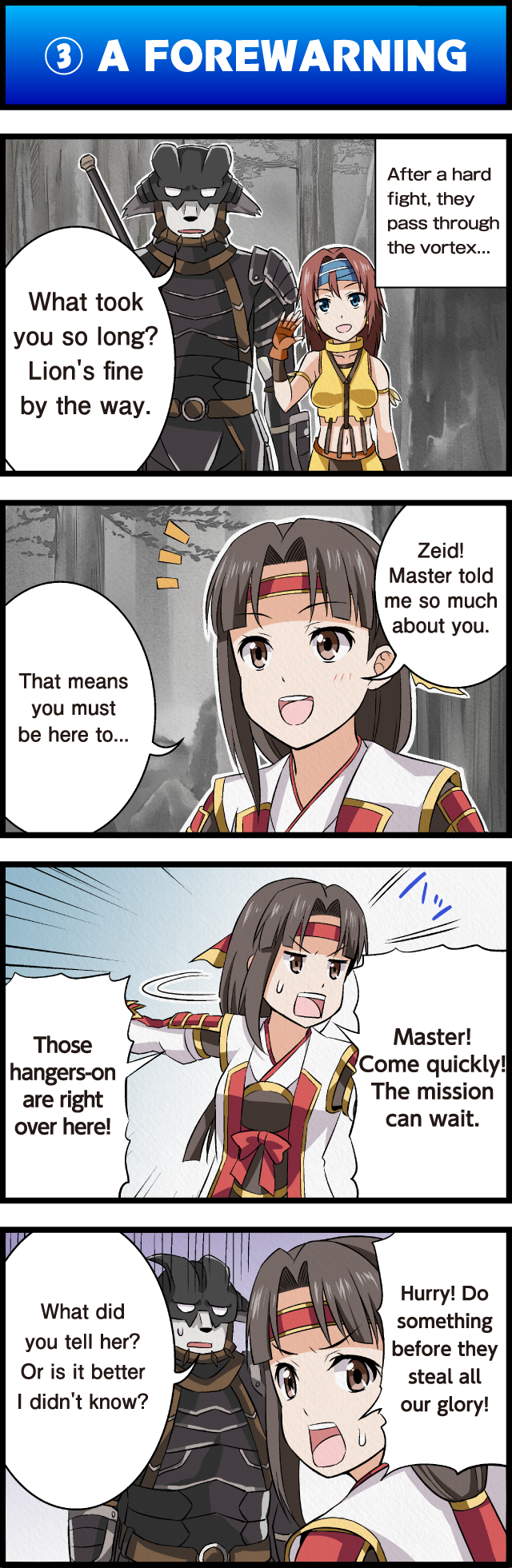 4koma, :d, armlet, armor, bare_shoulders, blue_eyes, blush, brown_eyes