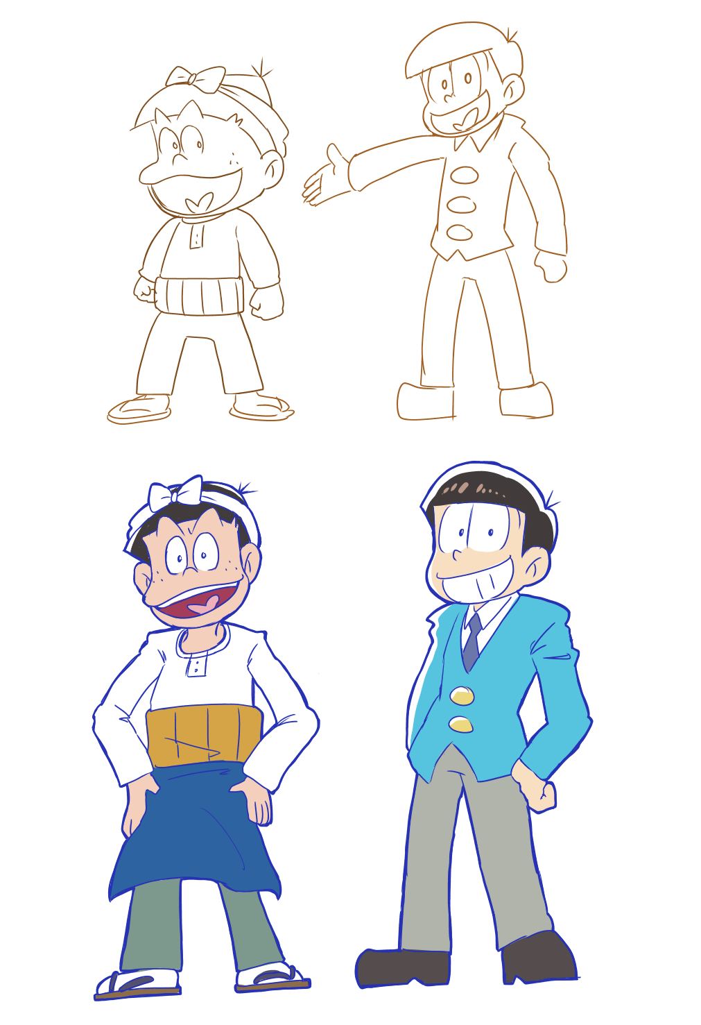 2boys, apron, atarou_(mouretsu_atarou), brown_hair, formal, hachimaki, hands_on_hips, haramaki, headband, heart, heart_in_mouth, highres, matsuno_osomatsu, mouretsu_atarou, multiple_boys, official_style, older, osomatsu-kun, osomatsu-san, sketch, smile, suit, waist_apron