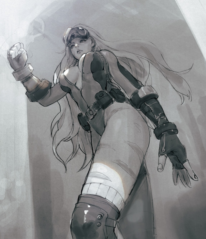 1girl, alternate_costume, arm_at_side, belt, belt_pouch, boots, braid, breasts