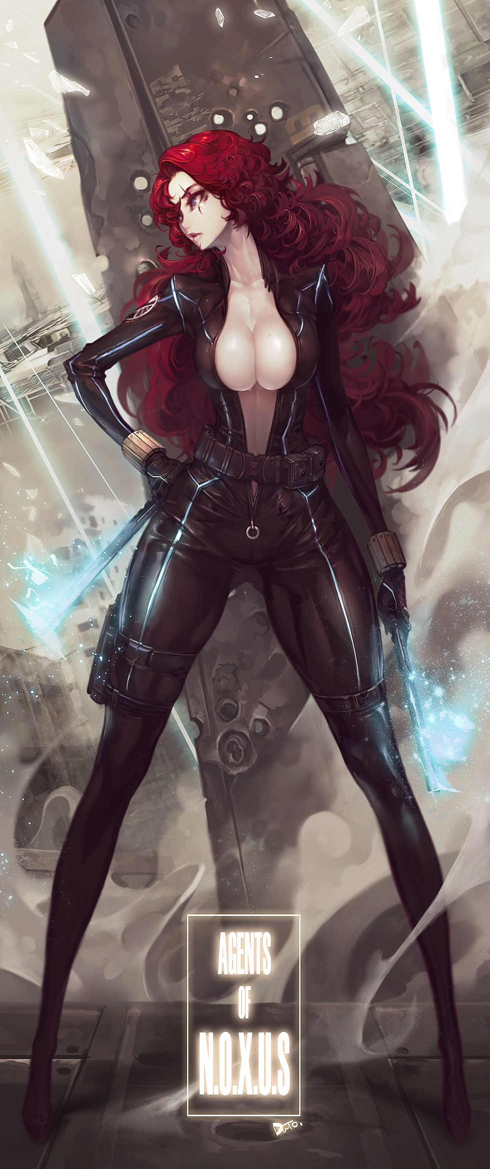 1girl, alternate_hairstyle, baton, belt, big_hair, black_gloves, black_widow, black_widow_(cosplay)