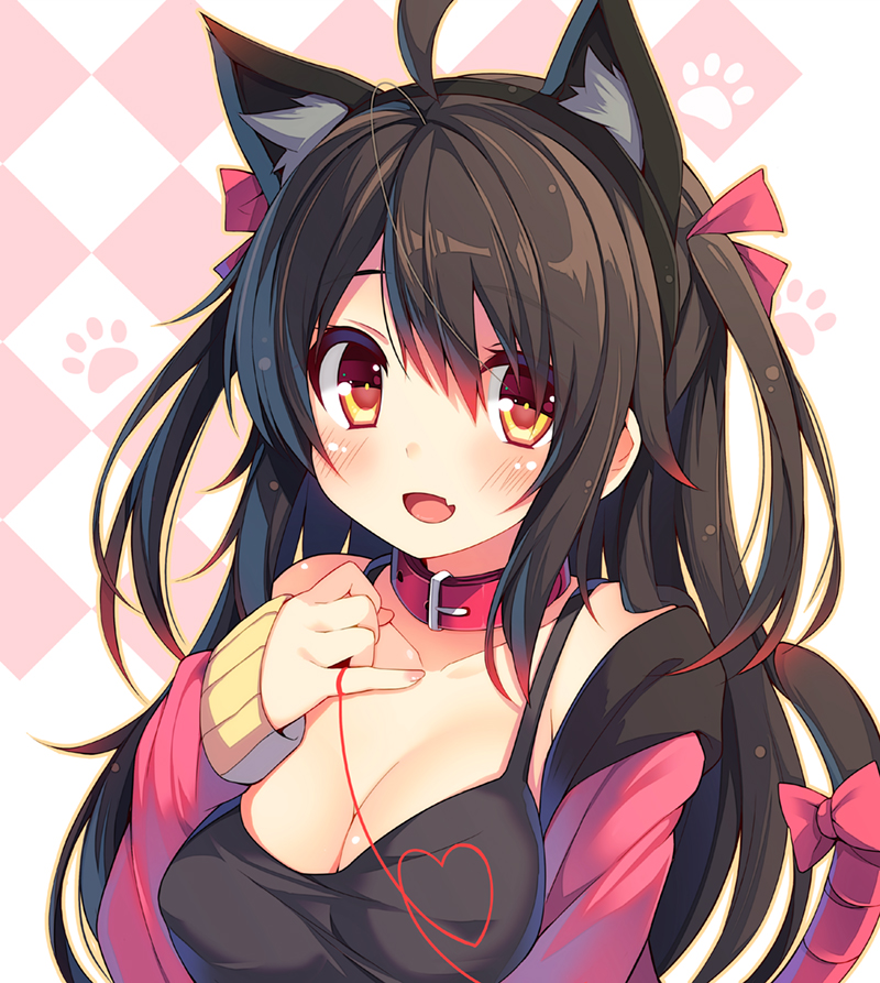1girl, ahoge, animal_ears, bangs, black_hair, black_shirt, blush, bow