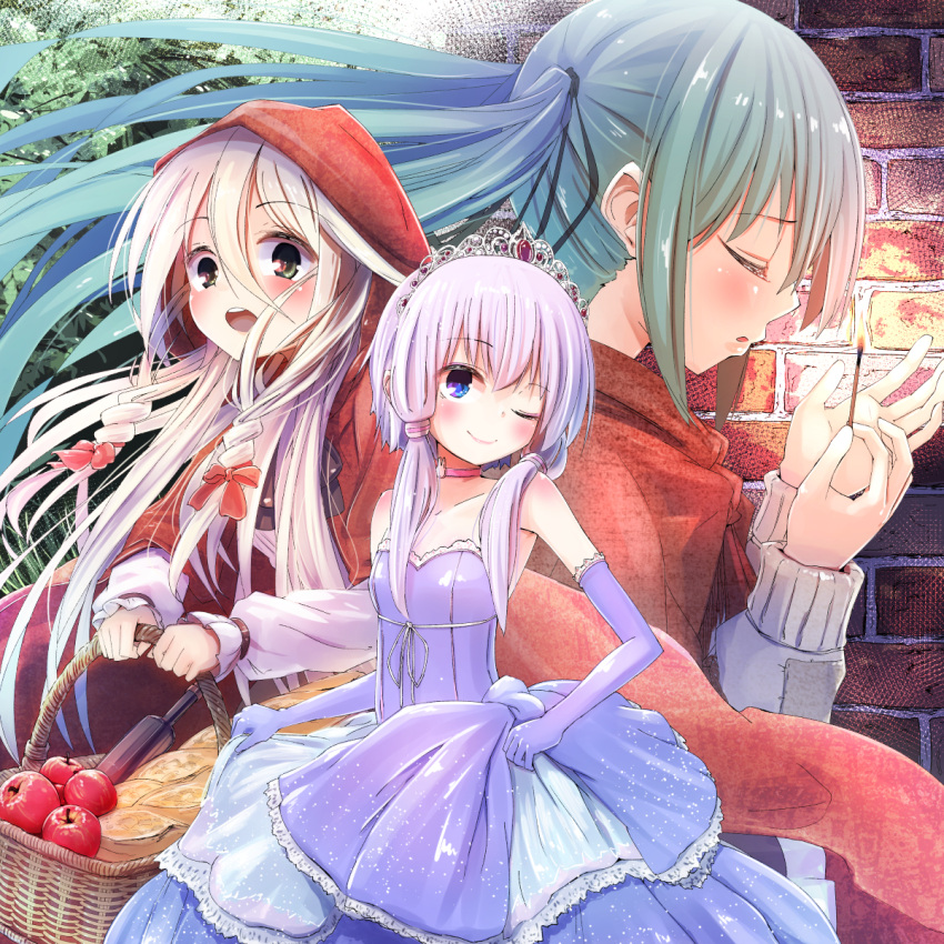 3girls, :o, apple, aqua_hair, bangs, bare_shoulders, basket, blonde_hair