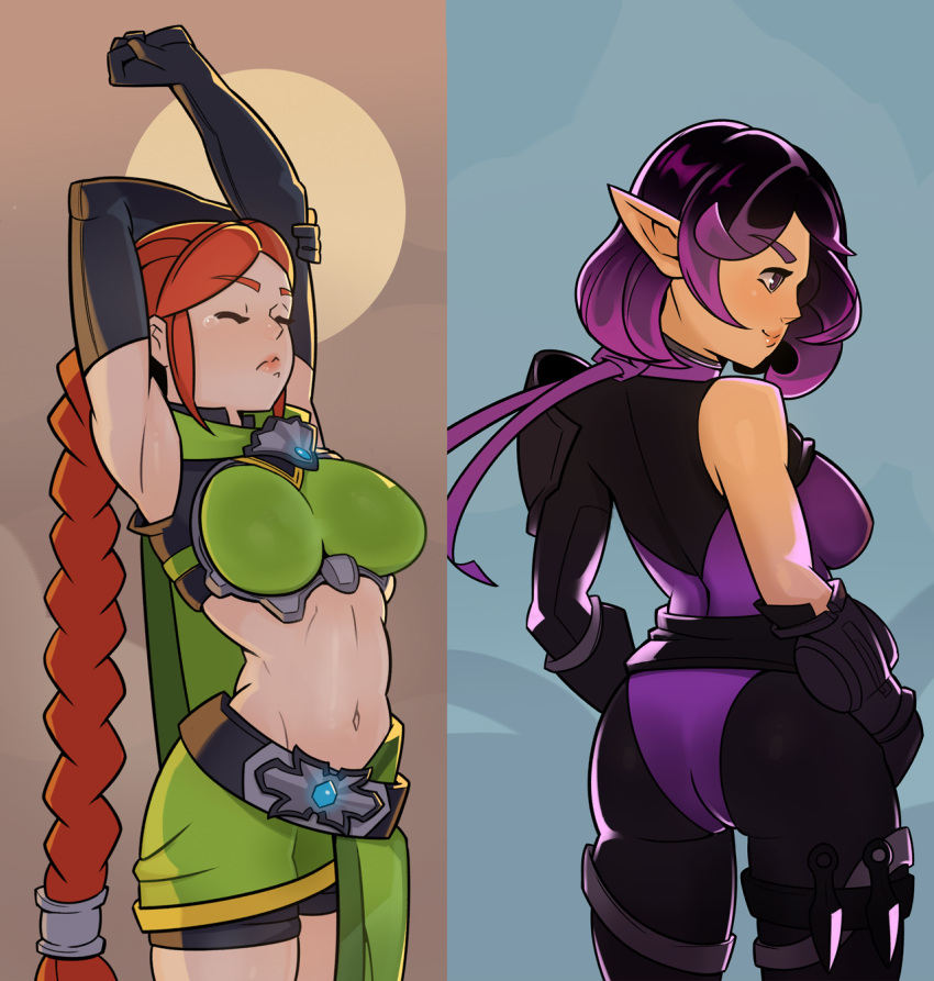 2girls, armpits, arms_up, ass, breasts, cassie_(paladins), closed_eyes, highres