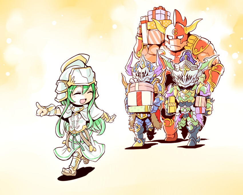 1girl, 3boys, :d, armor, athena_(p&amp;d), beard, box, cu_chulainn_(p&amp;d)