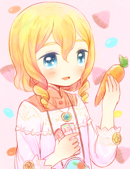 1boy, andou_mario, androgynous, blonde_hair, blue_eyes, blush, carrot, drill_hair