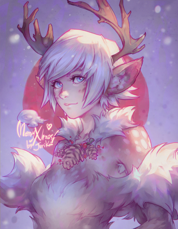 1girl, antlers, artist_name, breath, commentary, cone, deer_girl, furry