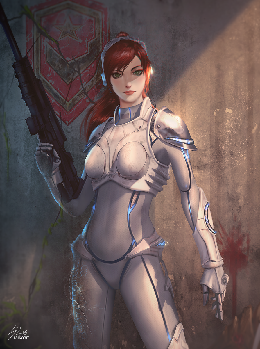 1girl, artist_name, assault_rifle, blush, bodysuit, breastplate, crevice, gauntlets