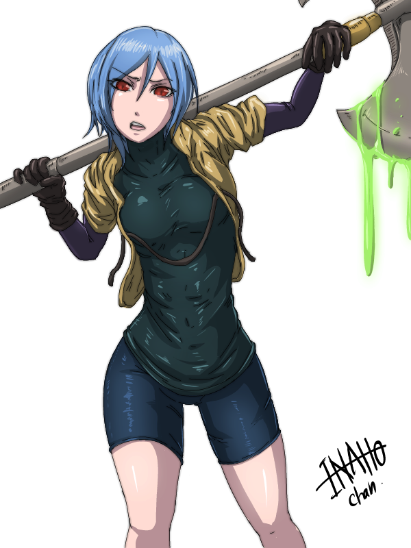 1girl, axe, bhm, bike_shorts, blue_hair, borrowed_character, commentary_request, covered_navel