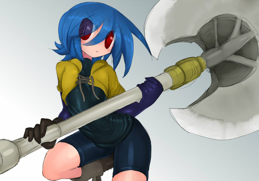 1girl, axe, bike_shorts, blue_hair, covered_navel, eyes_visible_through_hair, flat_chest, hair_over_one_eye