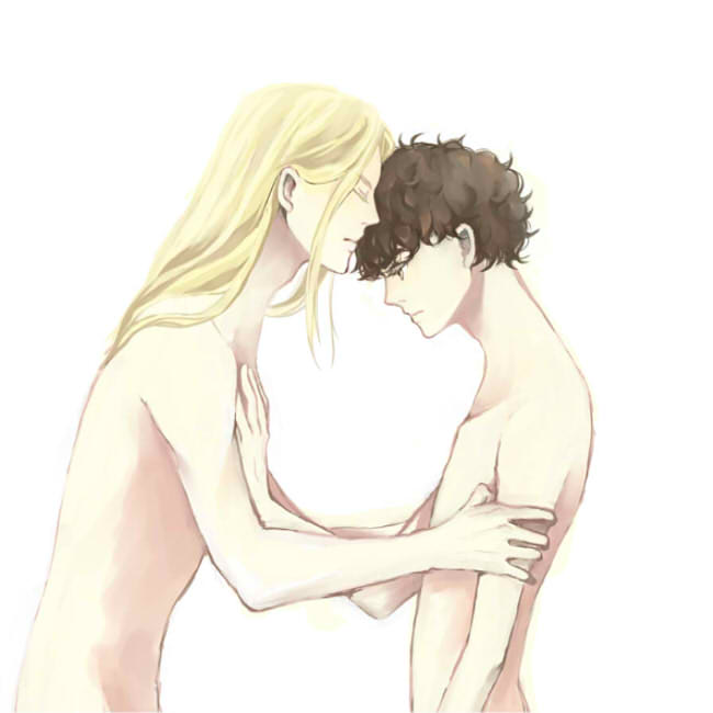 2boys, allan_twilight, arm_grab, blonde_hair, closed_eyes, curly_hair, edgar_portsnell, hand_on_another's_chest