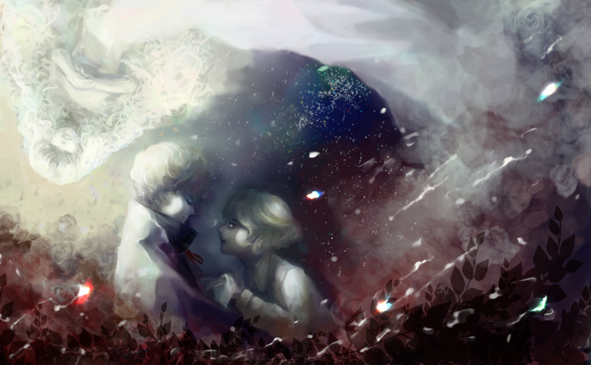 1girl, 2boys, allan_twilight, blonde_hair, closed_eyes, curly_hair, edgar_portsnell, flower, hands_together, highres, holding_hands, leaf, long_hair, marybell_portsnell, mkwajugg, multiple_boys, open_mouth, poe_no_ichizoku, profile, rose, short_hair, very_long_hair, wavy_hair