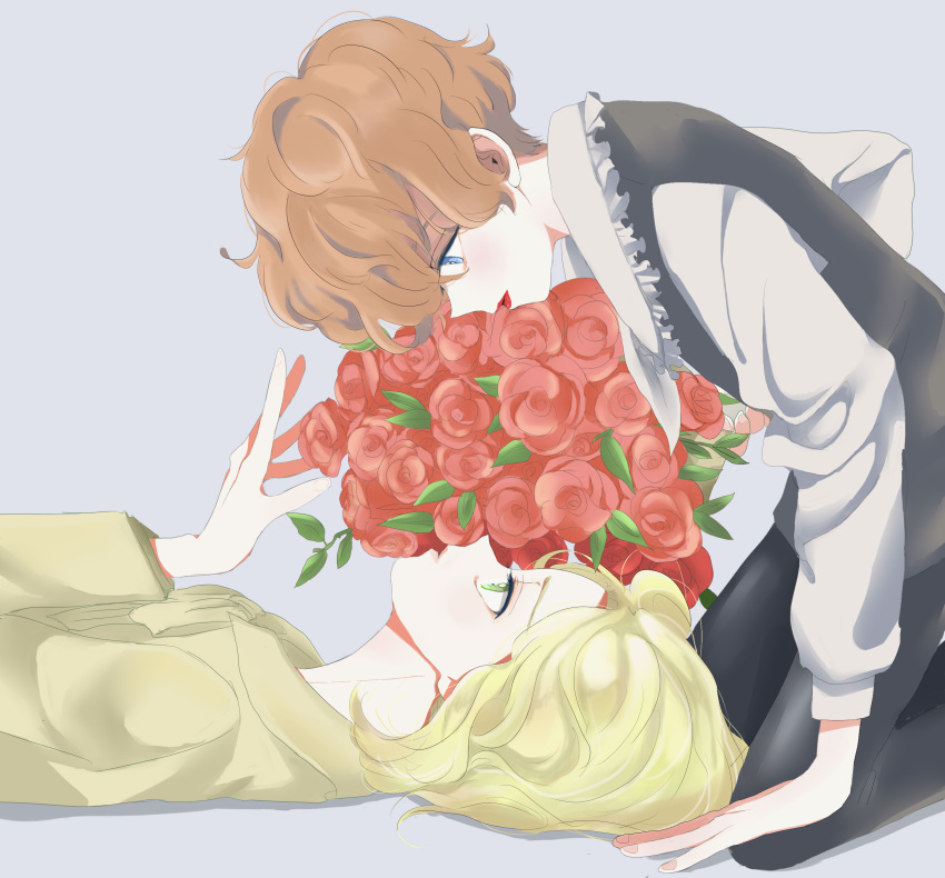 2boys, absurdres, allan_twilight, androgynous, blonde_hair, bouquet, brown_hair, commentary_request