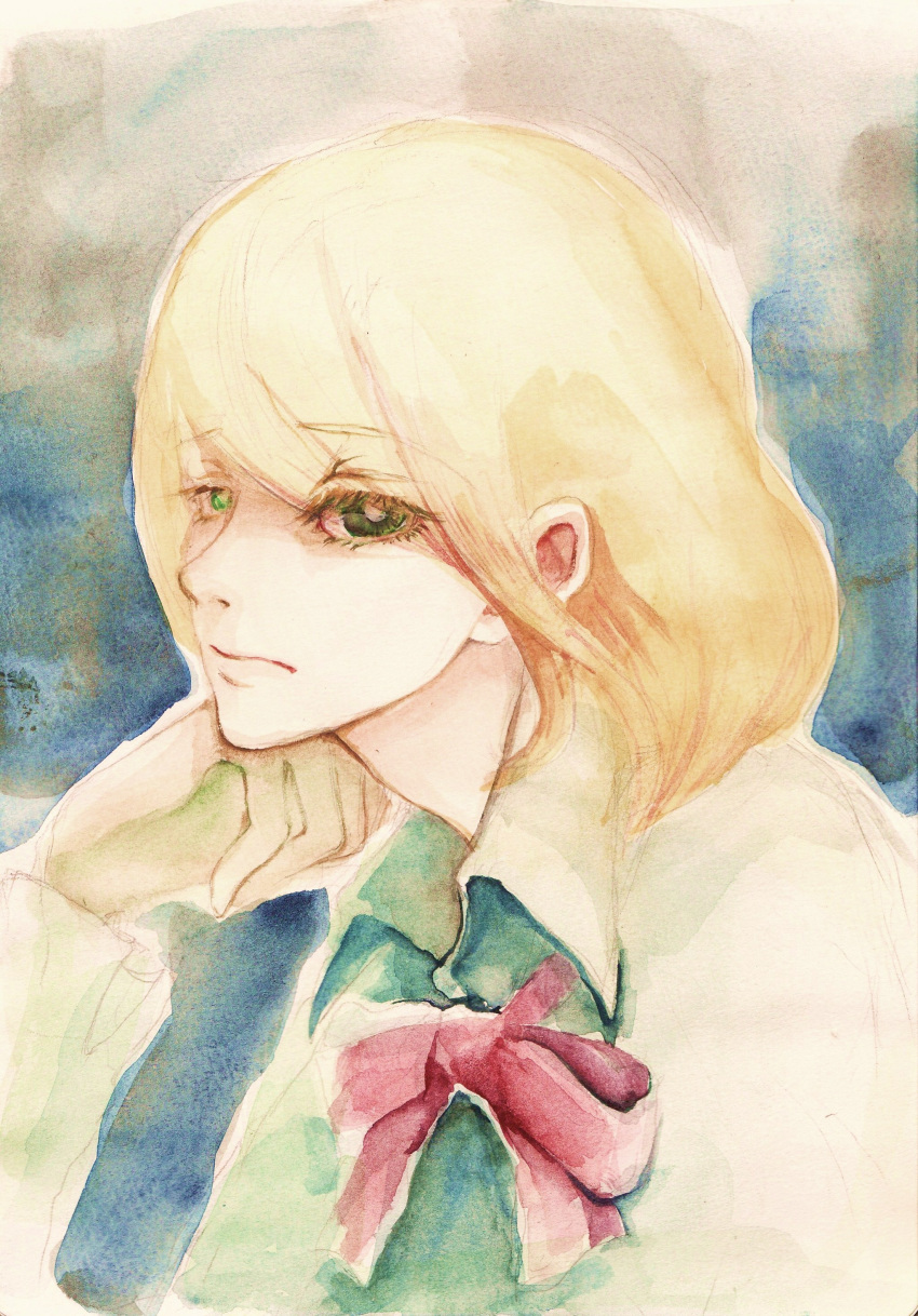 1boy, absurdres, allan_twilight, androgynous, anmonaito, blonde_hair, bowtie, chin_rest