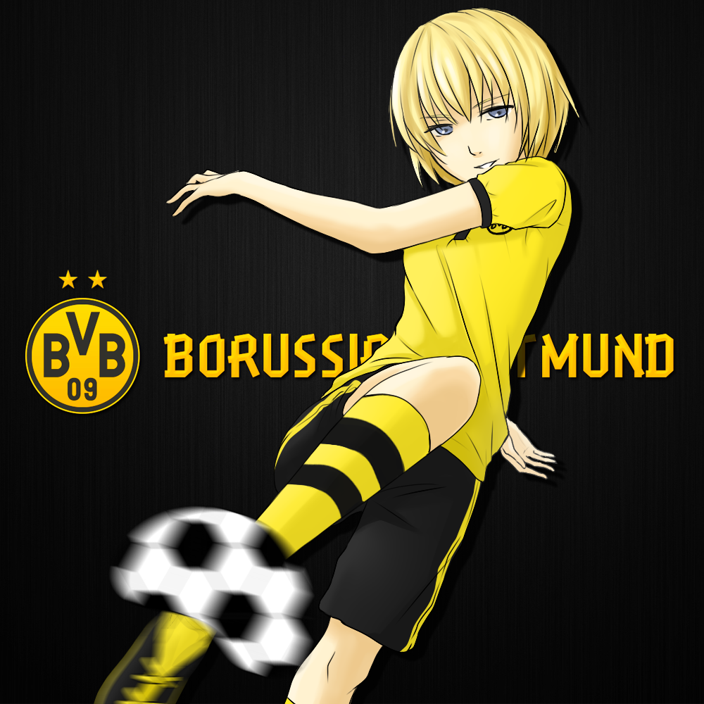 1girl, ball, black_background, blonde_hair, blue_eyes, borussia_dortmund, emblem, germany