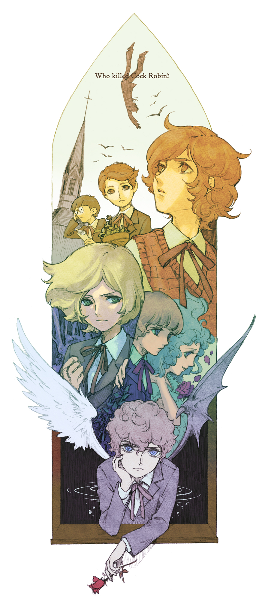 1girl, 6+boys, allan_twilight, angel_wings, asymmetrical_wings, character_request, chin_rest, commentary_request