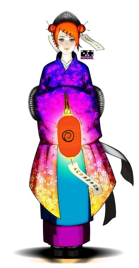 1girl, blue_eyes, double_bun, facial_mark, forehead_mark, hair_ornament, hairclip, japanese_clothes