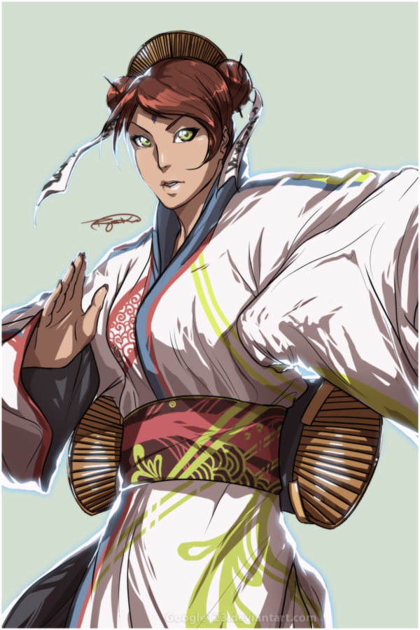 1girl, artipelago, double_bun, facial_mark, forehead_mark, green_background, japanese_clothes, kimono, naruto, naruto_shippuuden, open_mouth, redhead, simple_background, solo, uzumaki_mito, yellow_eyes