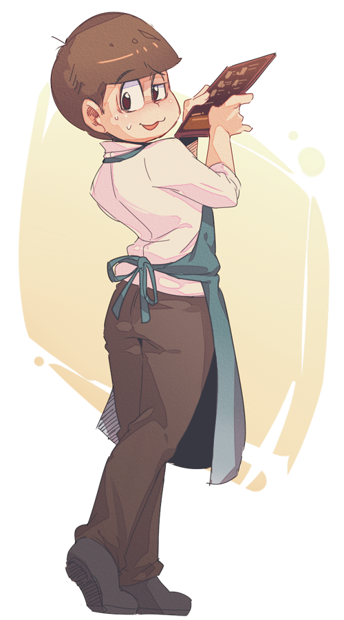 1boy, :3, alternate_costume, barista, bowl_cut, brown_hair, brown_pants, employee_uniform