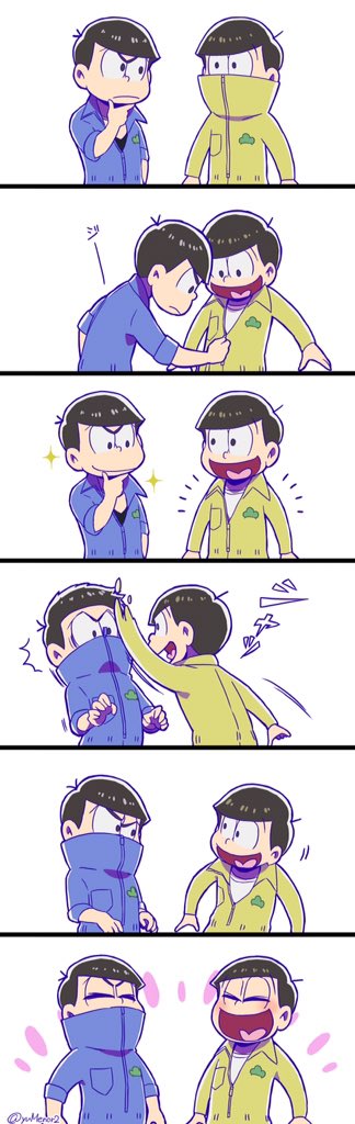 2boys, black_hair, bowl_cut, brothers, chin_stroking, comic, heart, heart_in_mouth