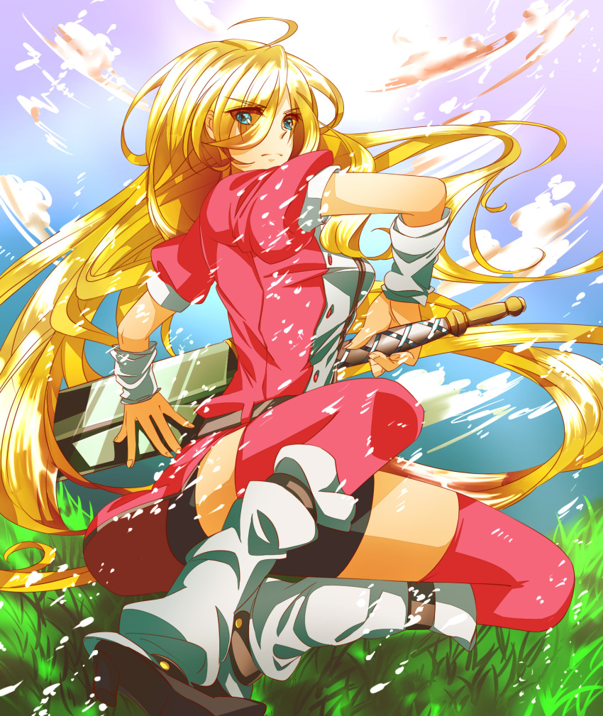 1girl, 2_alice_2, black_shorts, blonde_hair, blue_eyes, densetsu_no_yuusha_no_densetsu, ferris_eris, grass