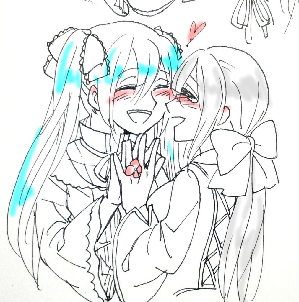2girls, blue_hair, blush, bow, closed_eyes, flower, hair_bow, hatsune_miku